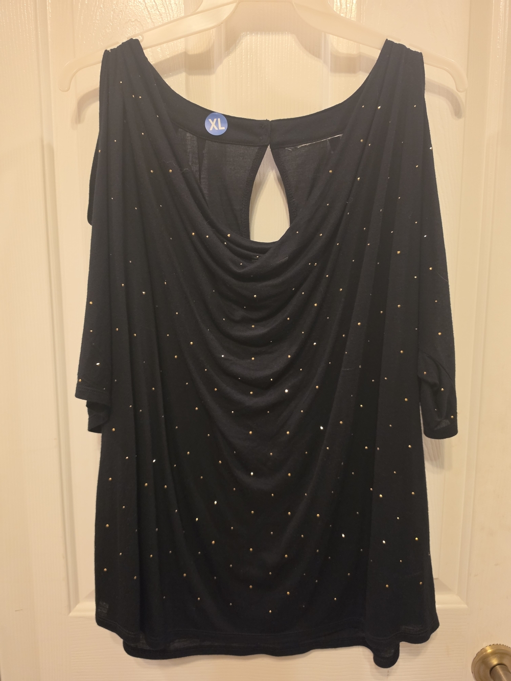 Black Draped Cold-Shoulder Dress with Gold Stud Detail